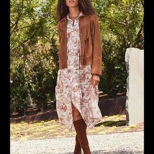 - Johnny Was Rho Tiered Midi Dress Cotton Button Down Jungle Toile Brown
